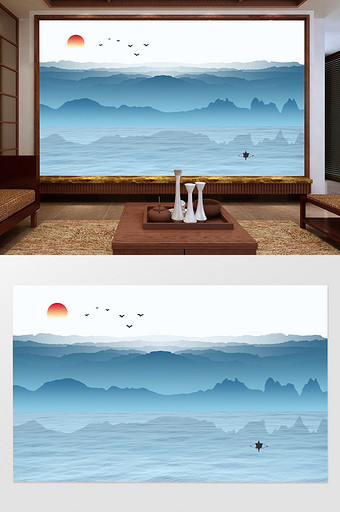 新中式背景墙抽象蓝色水墨山水意境背景墙图片