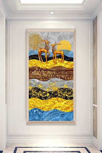 北欧现代金色浮雕鹿玄关装饰画图片