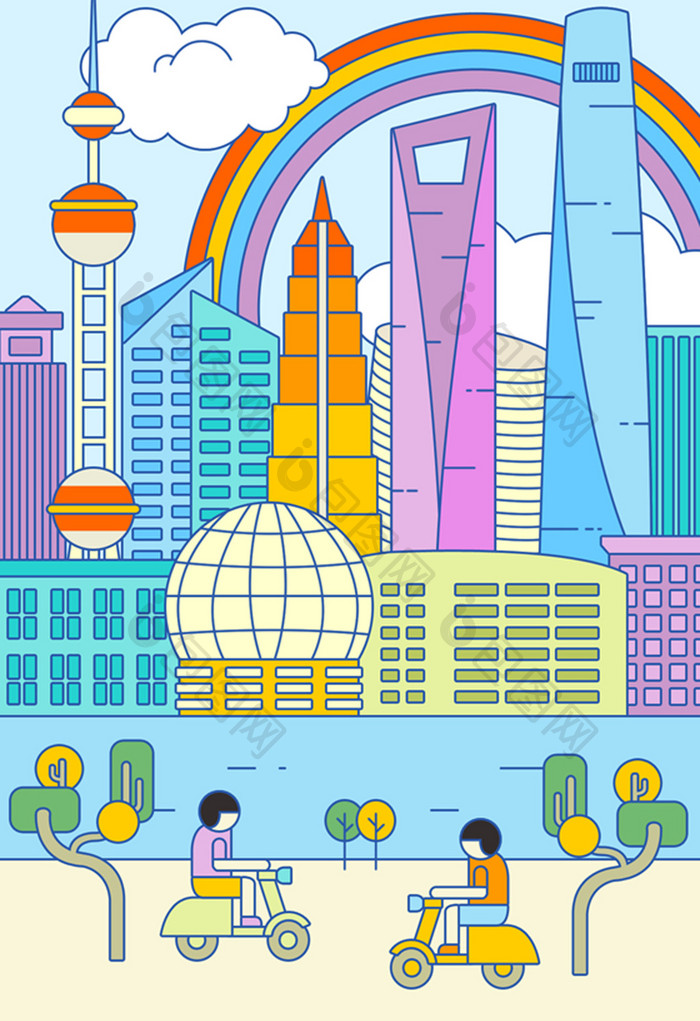 扁平风格城市旅行标志建筑物插画