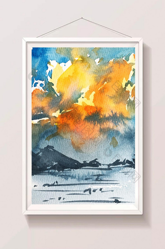 橘色夕阳水彩手绘背景插画素材