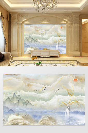 新中式水墨山水3D高清大理石电视背景墙图片