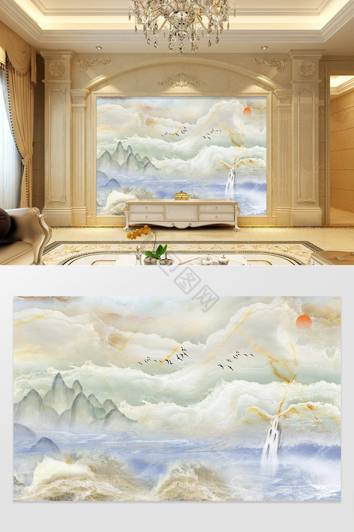 新中式水墨山水3D高清大理石电视背景墙图片