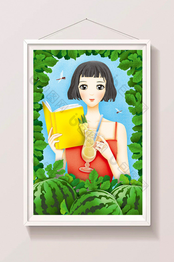 清新夏天立夏小满芒种夏至小暑大暑美女插画