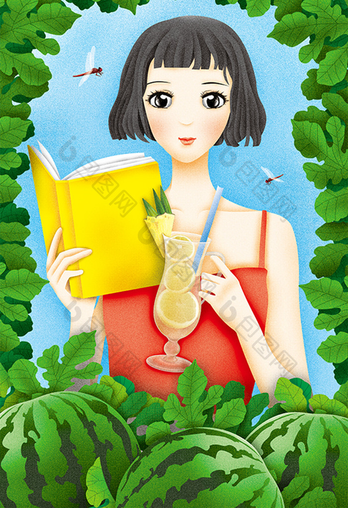 清新夏天立夏小满芒种夏至小暑大暑美女插画