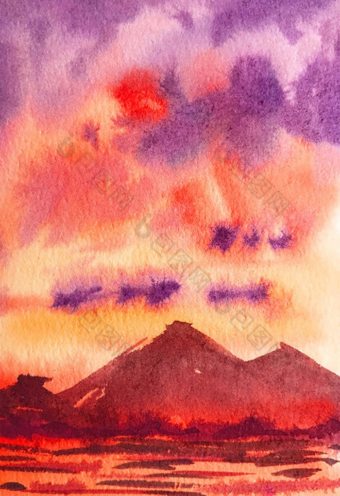 紫色夕阳水彩手绘插画背景素材