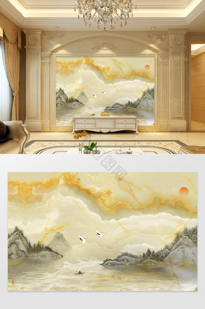 中式水墨山水仙鹤3D高清大理石电视背景墙图片