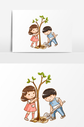 植树男孩女孩插画元素