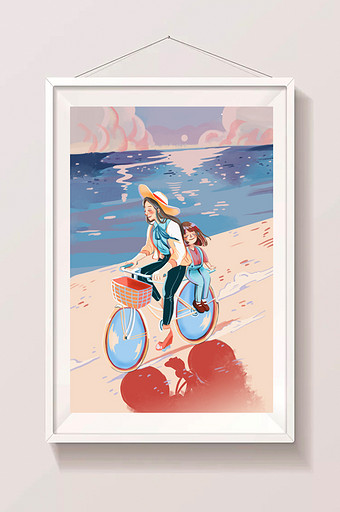 夏季母亲节母女骑车郊游海边夕阳温馨插画图片