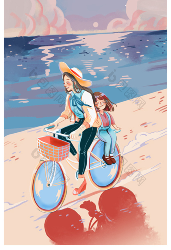 夏季母亲节母女骑车郊游海边夕阳温馨插画图片