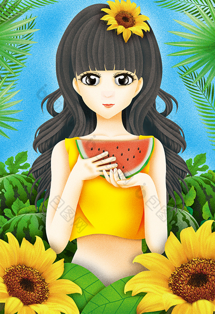 清新夏天立夏小满芒种夏至小暑大暑美女插画