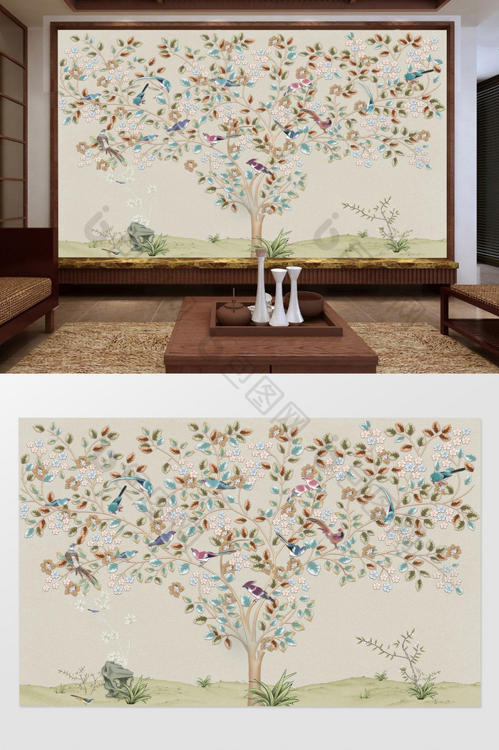 中式工笔画花鸟电视背景墙