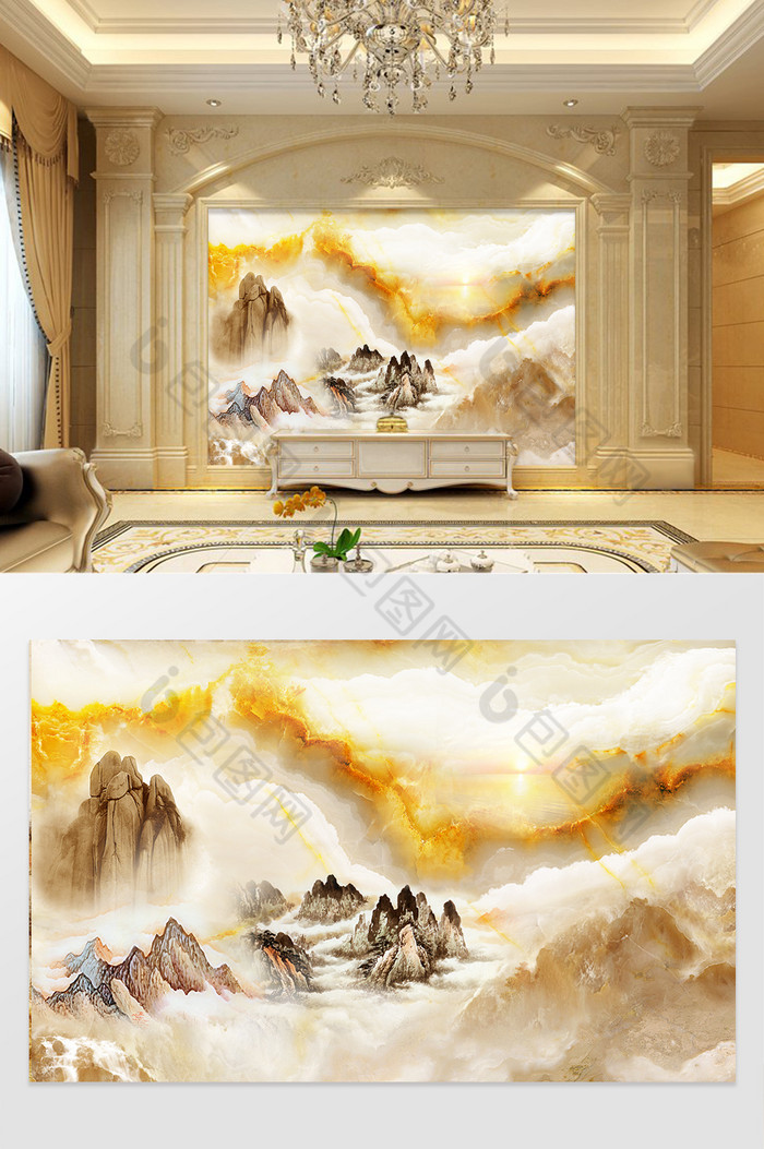 高清3D大理石纹山水花日出背景墙大好江山图片图片