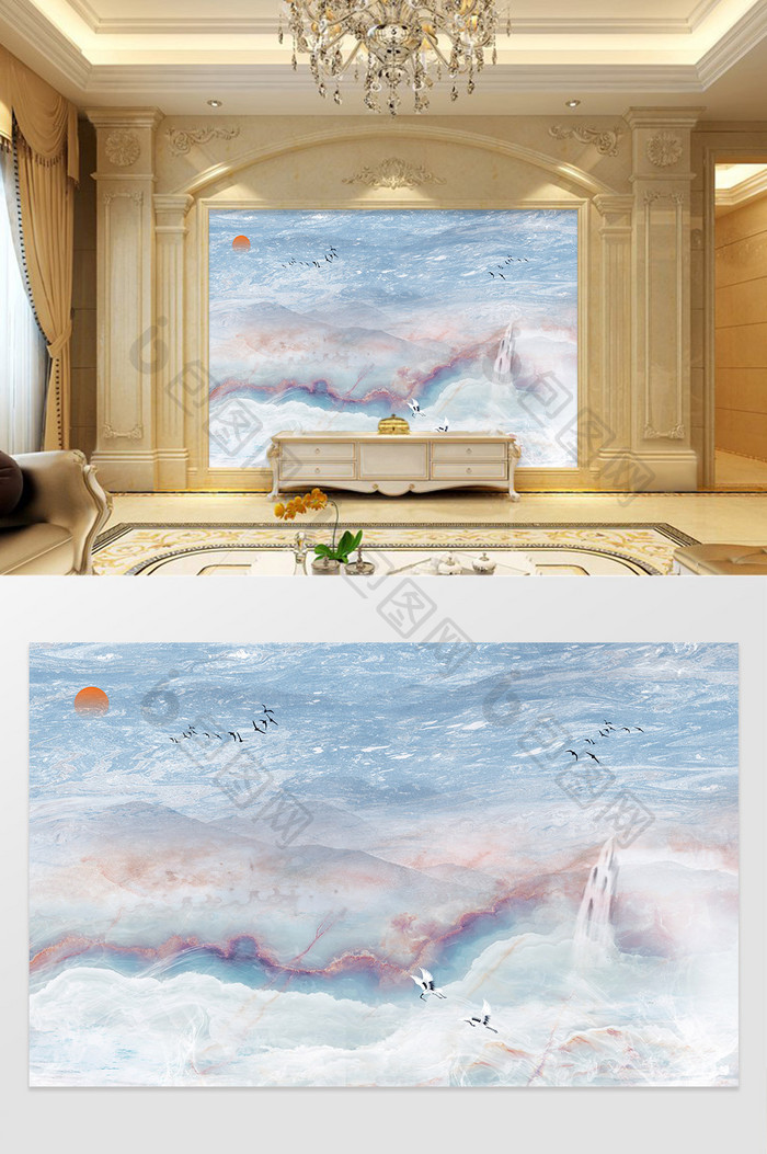新中式碧海蓝天3D高清大理石电视背景墙
