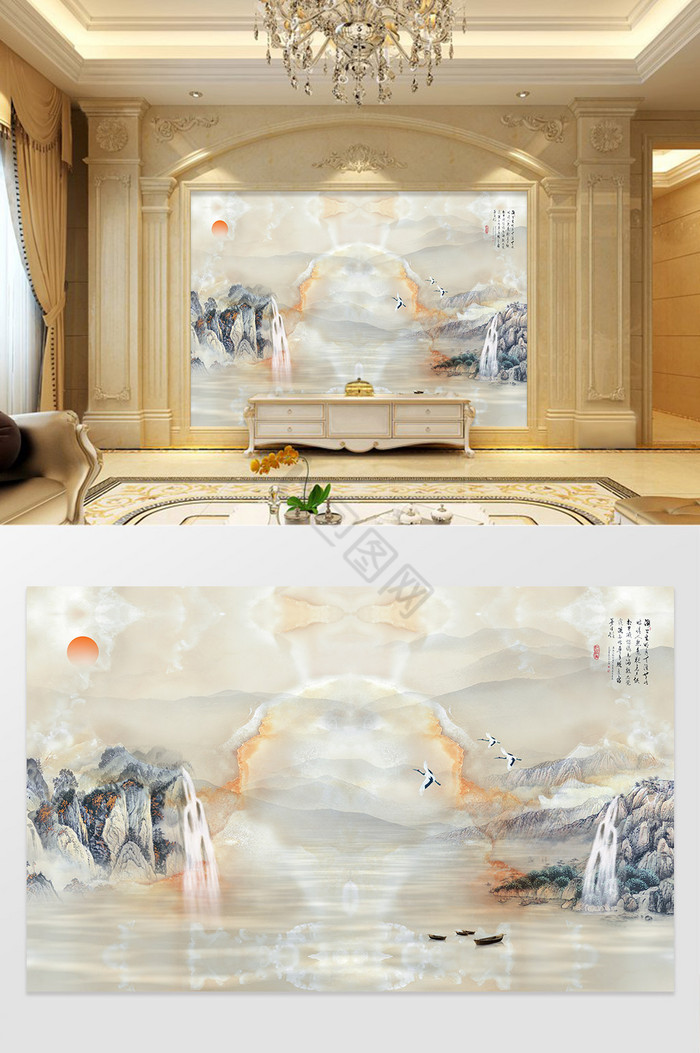 中式水墨山水3D高清大理石电视背景墙图片