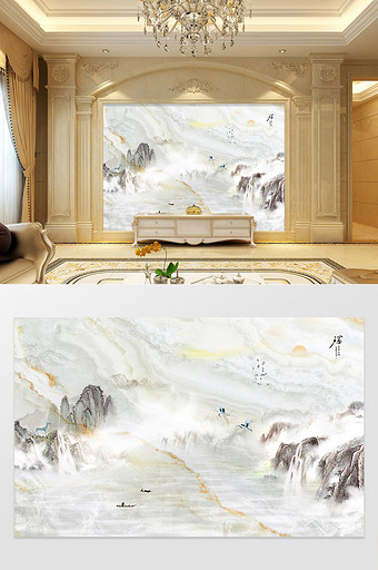 新中式瀑布山水高清大理石电视背景墙图片