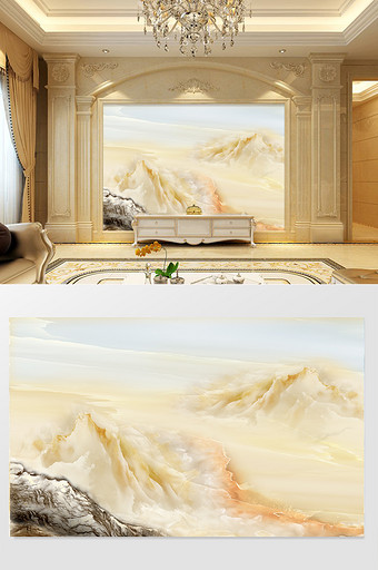 高清3D大理石纹山水花日出背景墙山河湖海图片