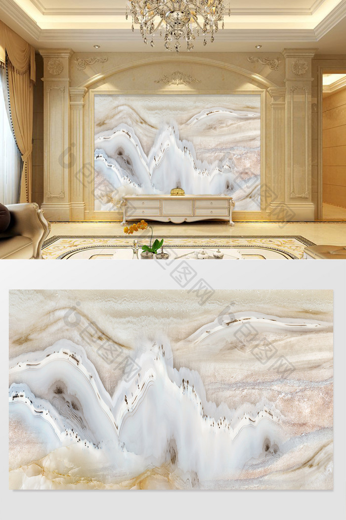 高清3D大理石纹山水花日出背景墙碧海仙境