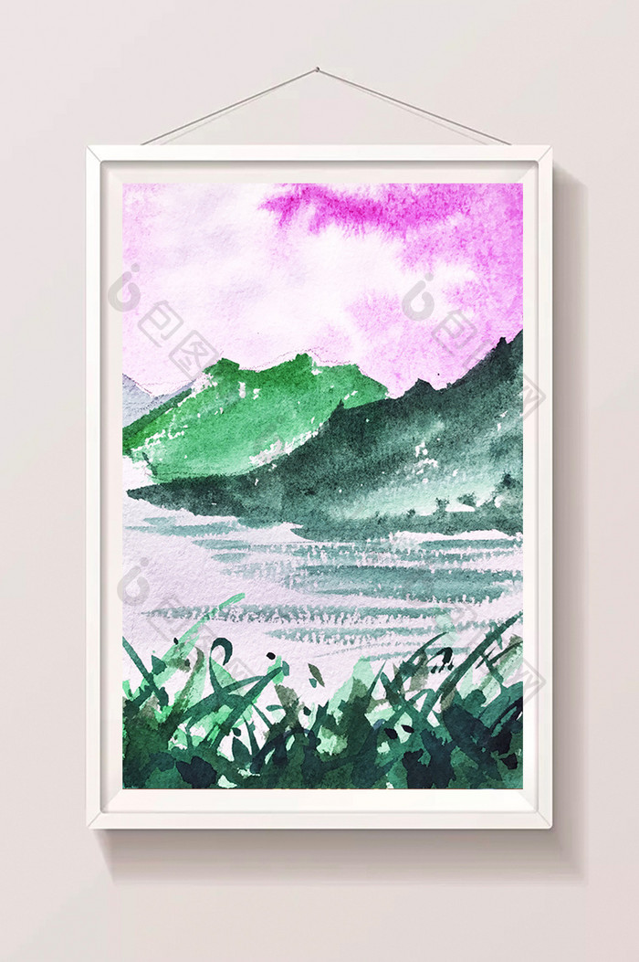 绿色山水夏日水彩手绘插画背景素材