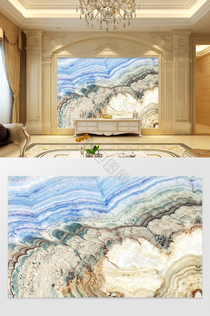 高清3D大理石纹山水花日出背景墙大浪淘图片