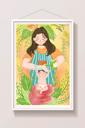 清新唯美温馨母亲节母亲培育孩子插画图片