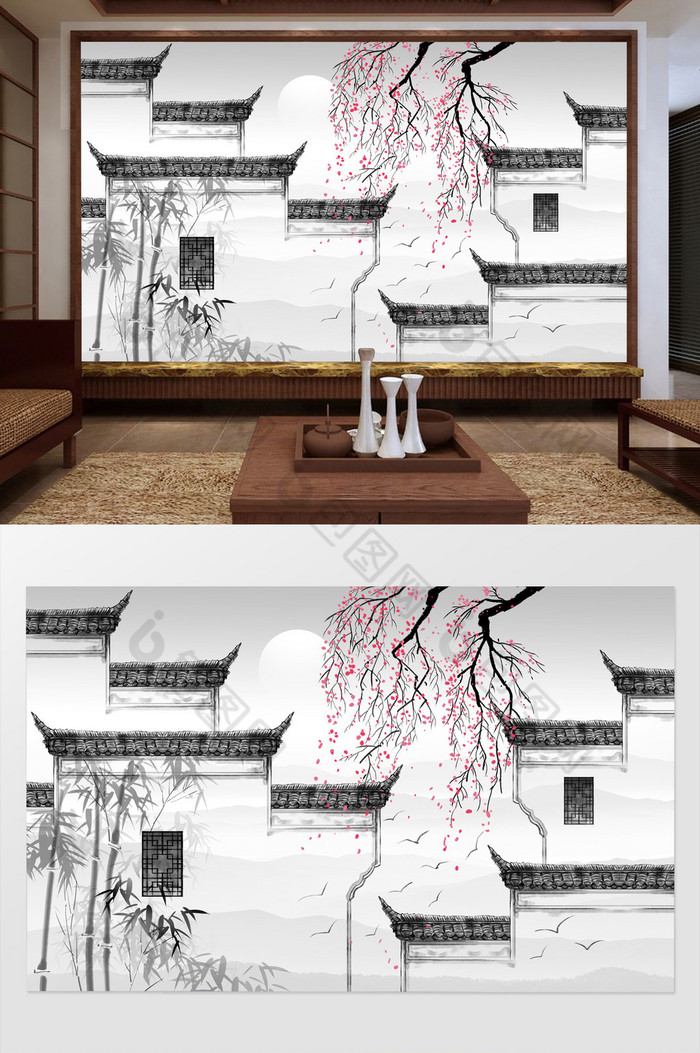 中式水墨徽派建築馬頭牆背景牆效果圖-【包圖網】