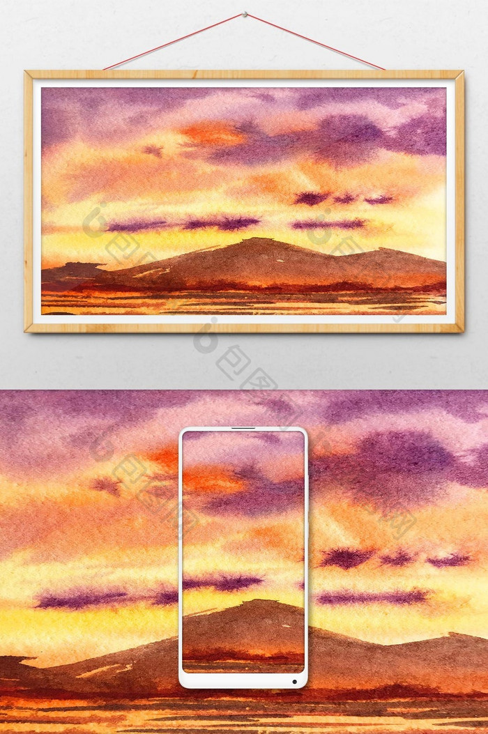 紫色水彩手绘夕阳山水水彩手绘素材