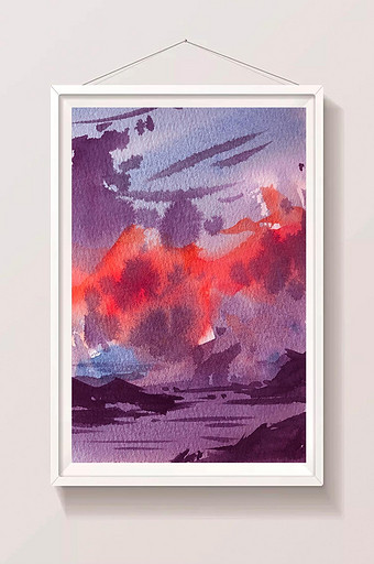 紫色水彩手绘山水背景插画素材图片