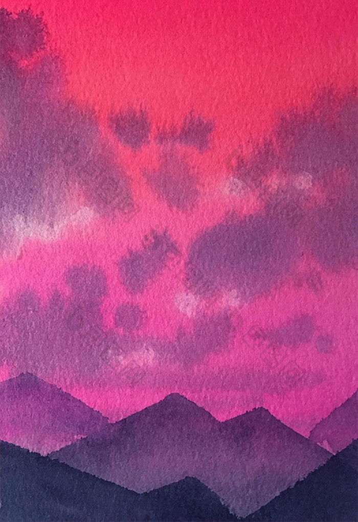 粉色天空山水水彩手绘背景素材