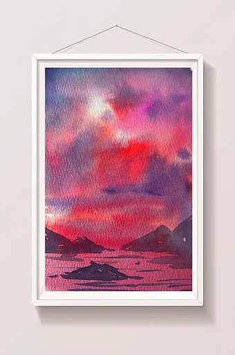 紫色海边山水水彩手绘背景素材图片