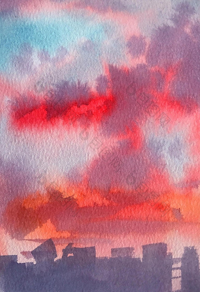 紫色夕阳山水水彩手绘插画背景素材