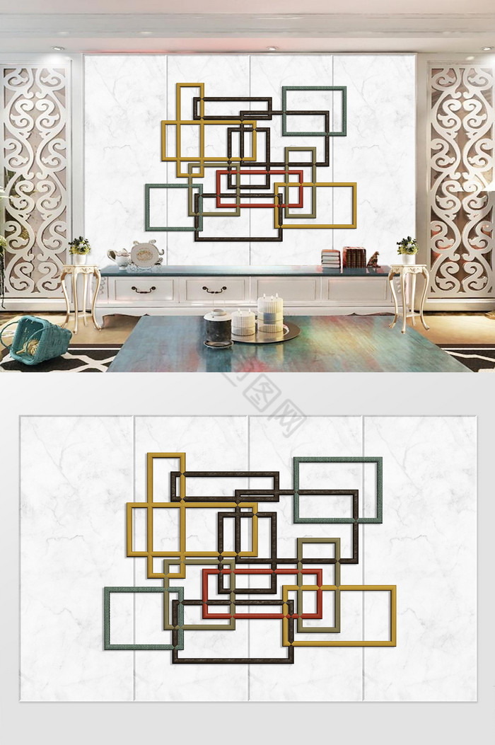 复古金属拼接线条北欧3d电视背景墙图片