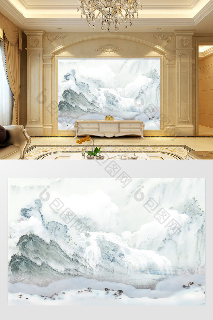 高清3D大理石纹山水花日出背景墙石韵图片图片