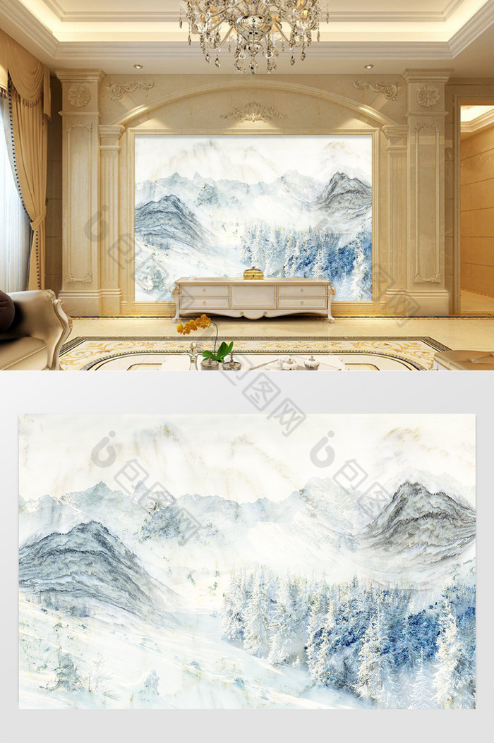 高清3D大理石纹山水花日出背景墙山歌图片图片