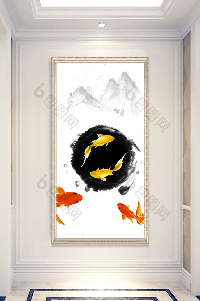 中式锦鲤水墨玄关装饰画图片图片