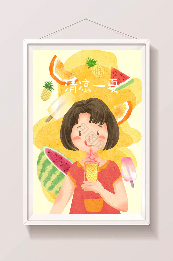 女孩夏天吃冷饮插画图片