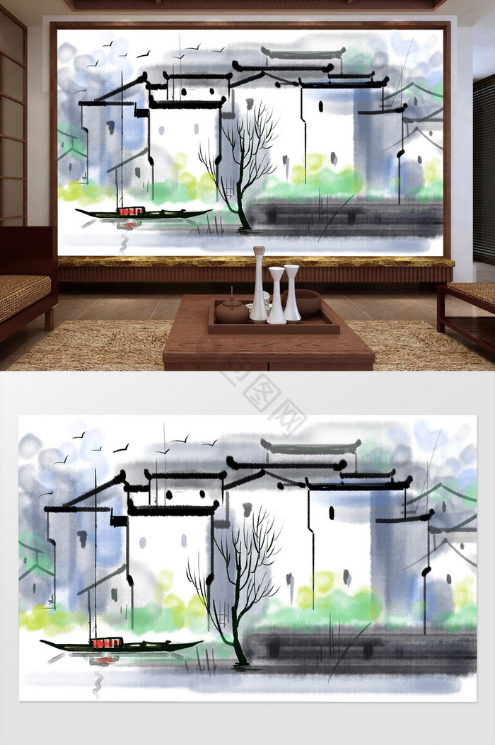 新中式抽象水墨江南建筑背景墙图片