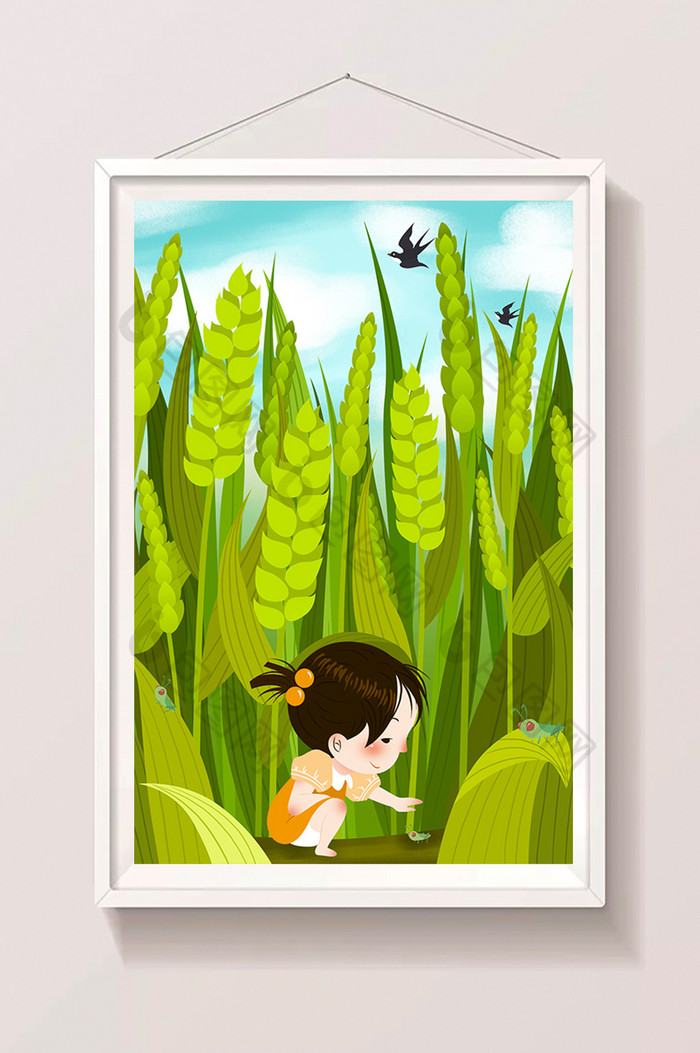 小满节气麦田孩子抓蚂蚱插画图片