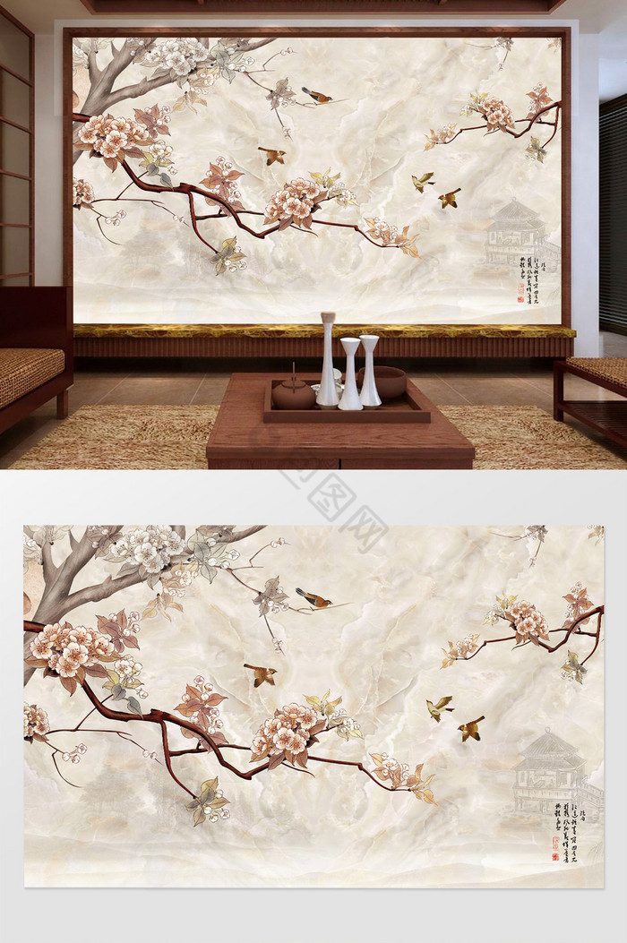 中式水墨山水3D高清大理石电视背景墙设计图片