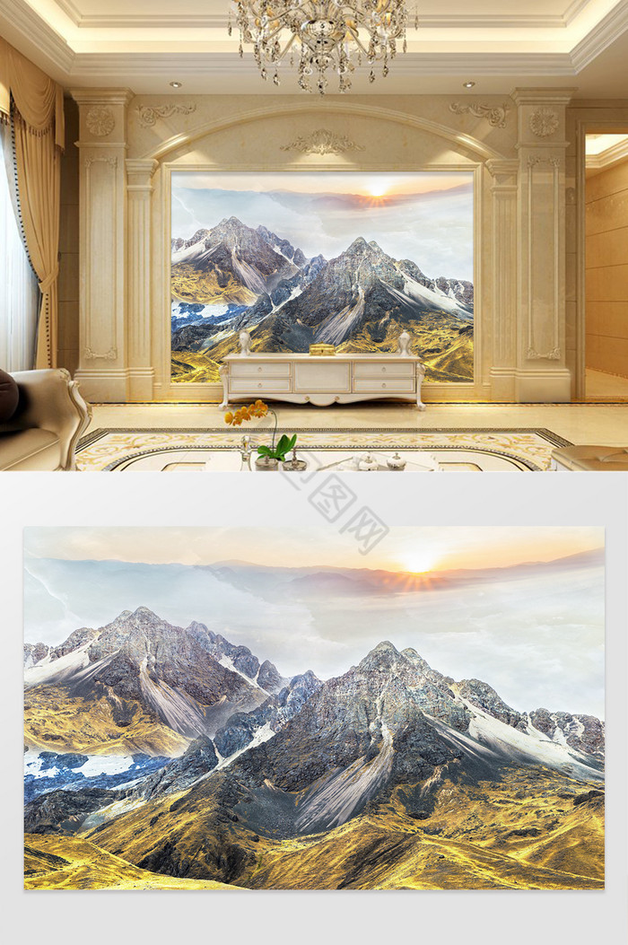 高清3D大理石纹山水花日出背景墙雪山之巅图片