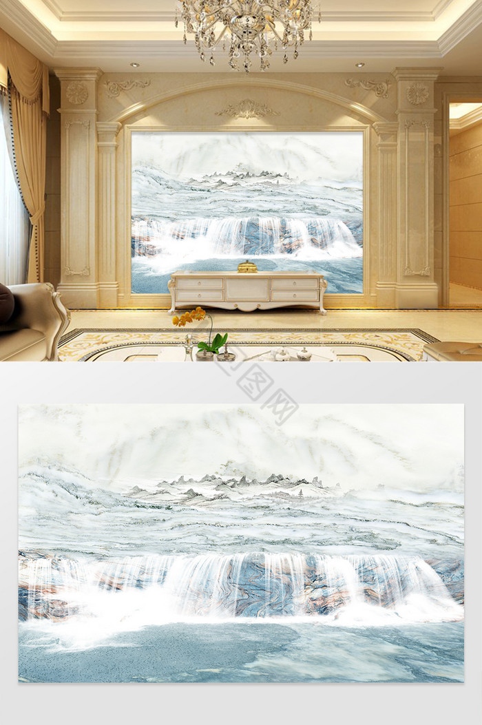 高清3D大理石纹山水花日出背景墙瀑布之美图片