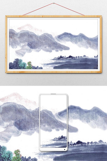 蓝黑水墨中国风扁平插画背景素材图片