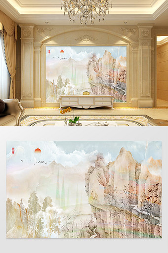 中式大理石创意电视背景墙图片
