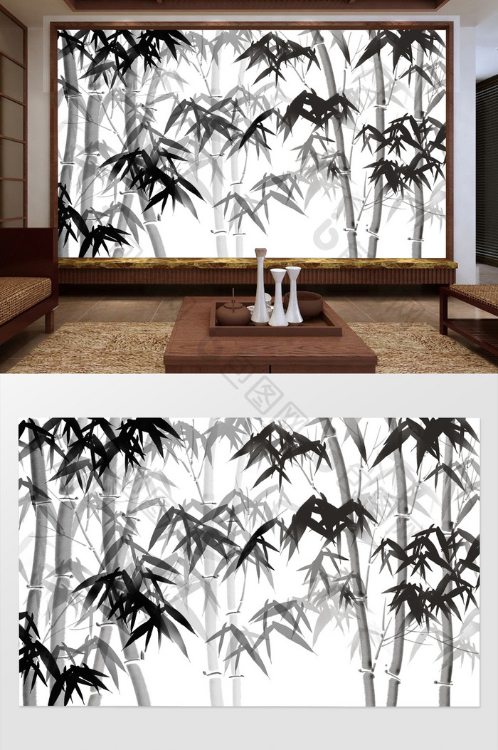 新中式手绘水墨竹子背景墙壁画