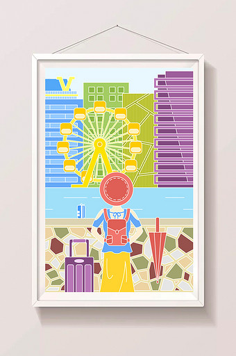 扁平风格可爱女孩城市旅游标志建筑插画图片