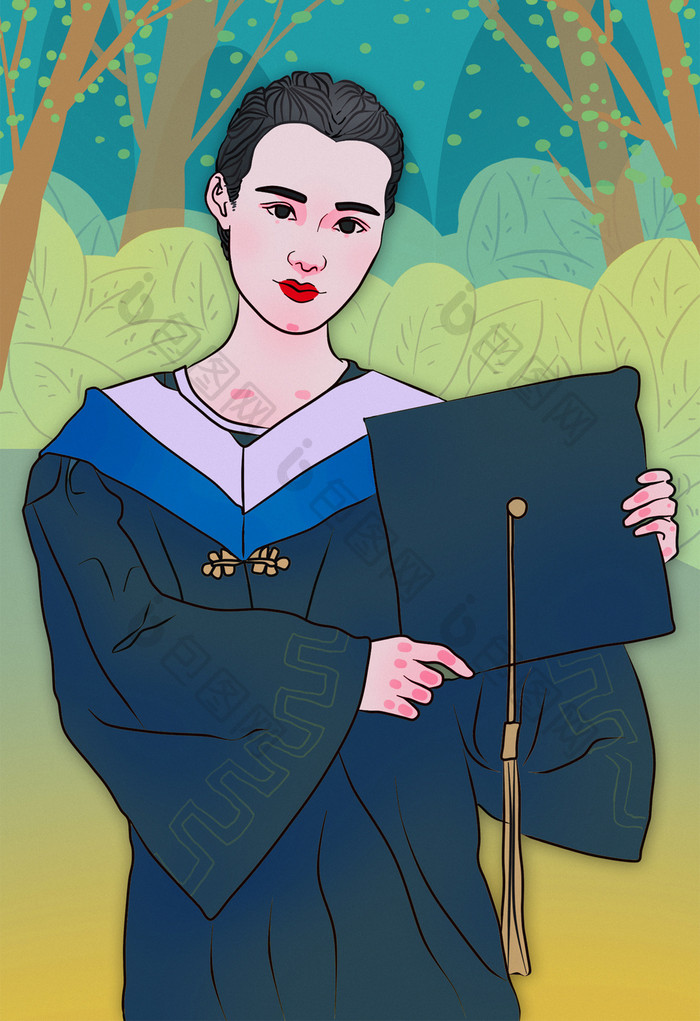 毕业季可爱学士服女孩插画