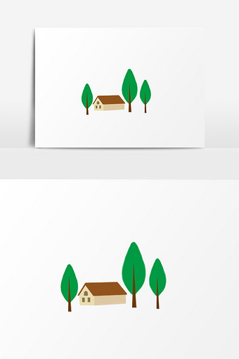 手绘房子树木插画元素图片