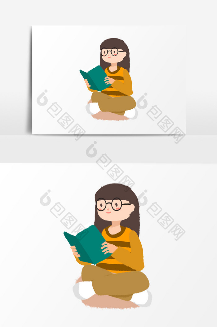戴眼镜读书女孩插画元素