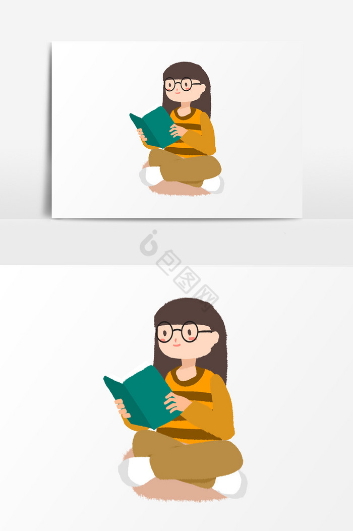 戴眼镜读书女孩插画图片