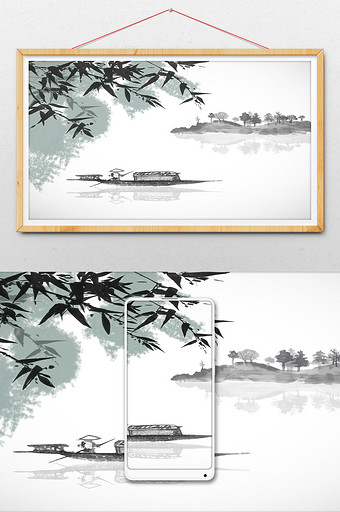 中国风水墨山水手绘插画背景素材图片