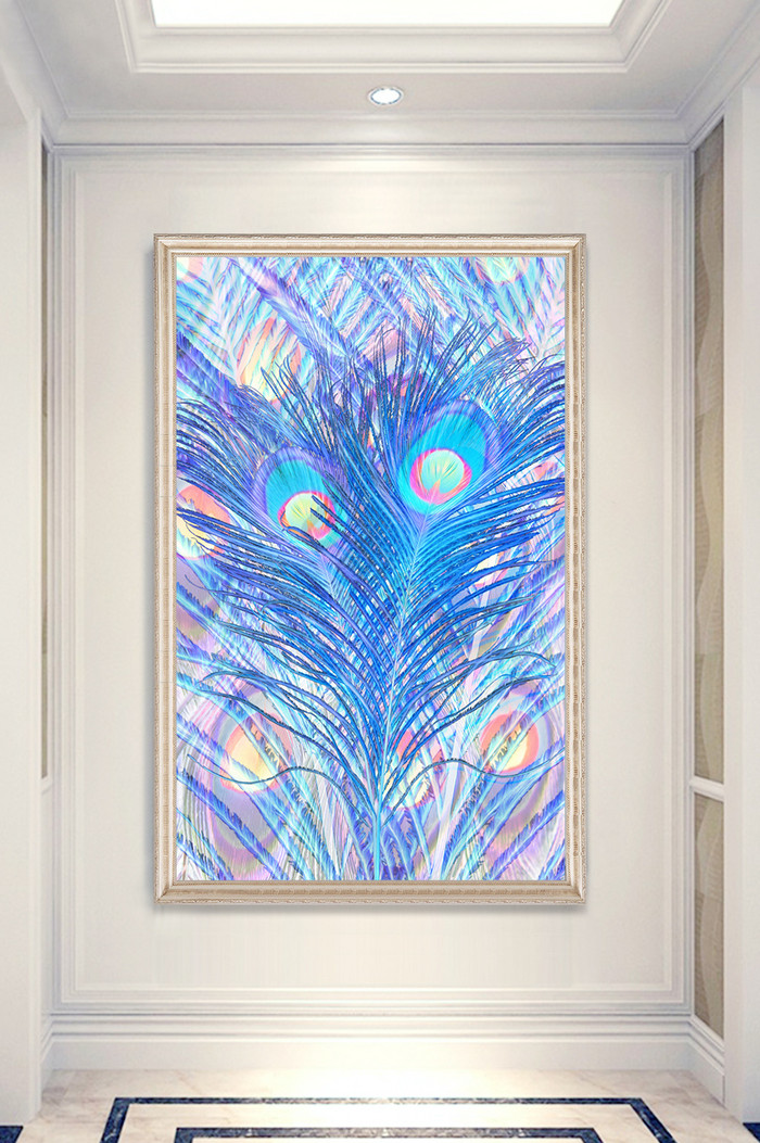 现代北欧油画孔雀羽毛蓝色系玄关装饰画